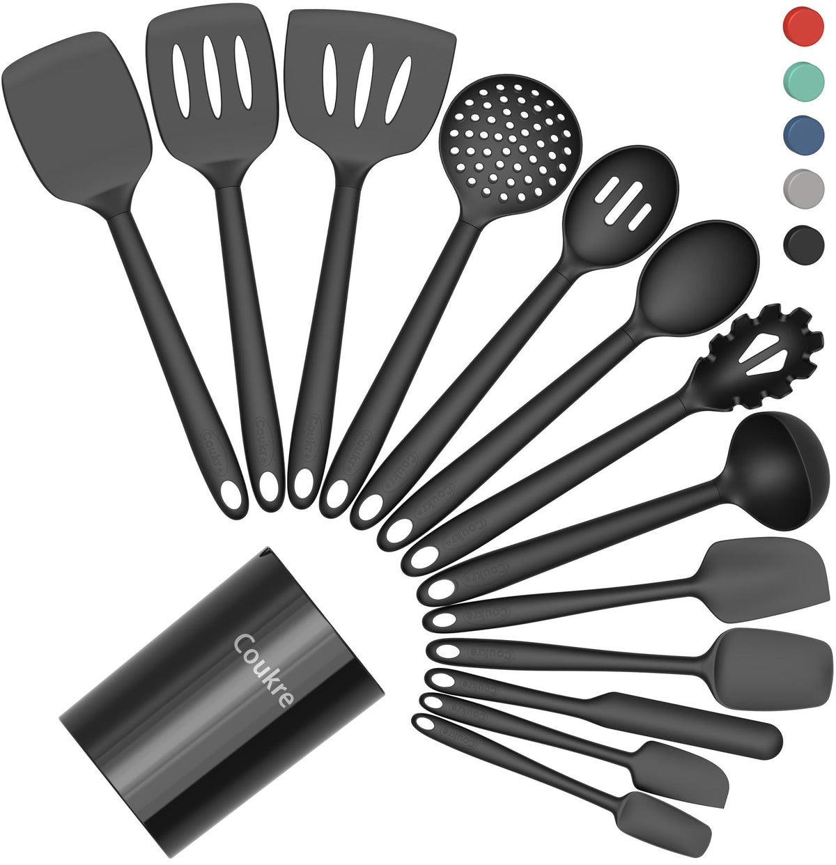 Coukre silicone utensils set in holder for organized cooking.