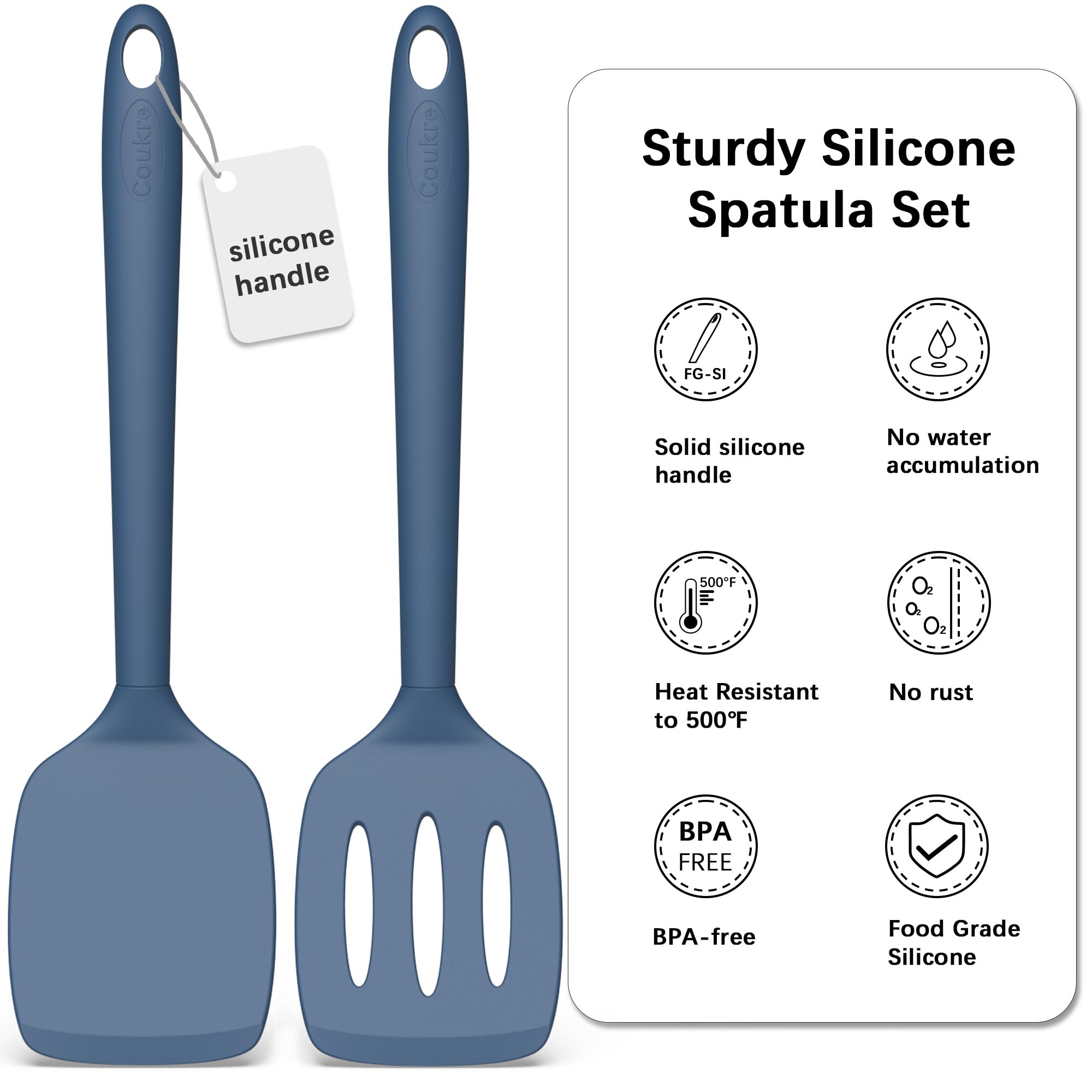 Coukre solid-spatula head close-up shows heat-resistant silicone for high-heat cooking.