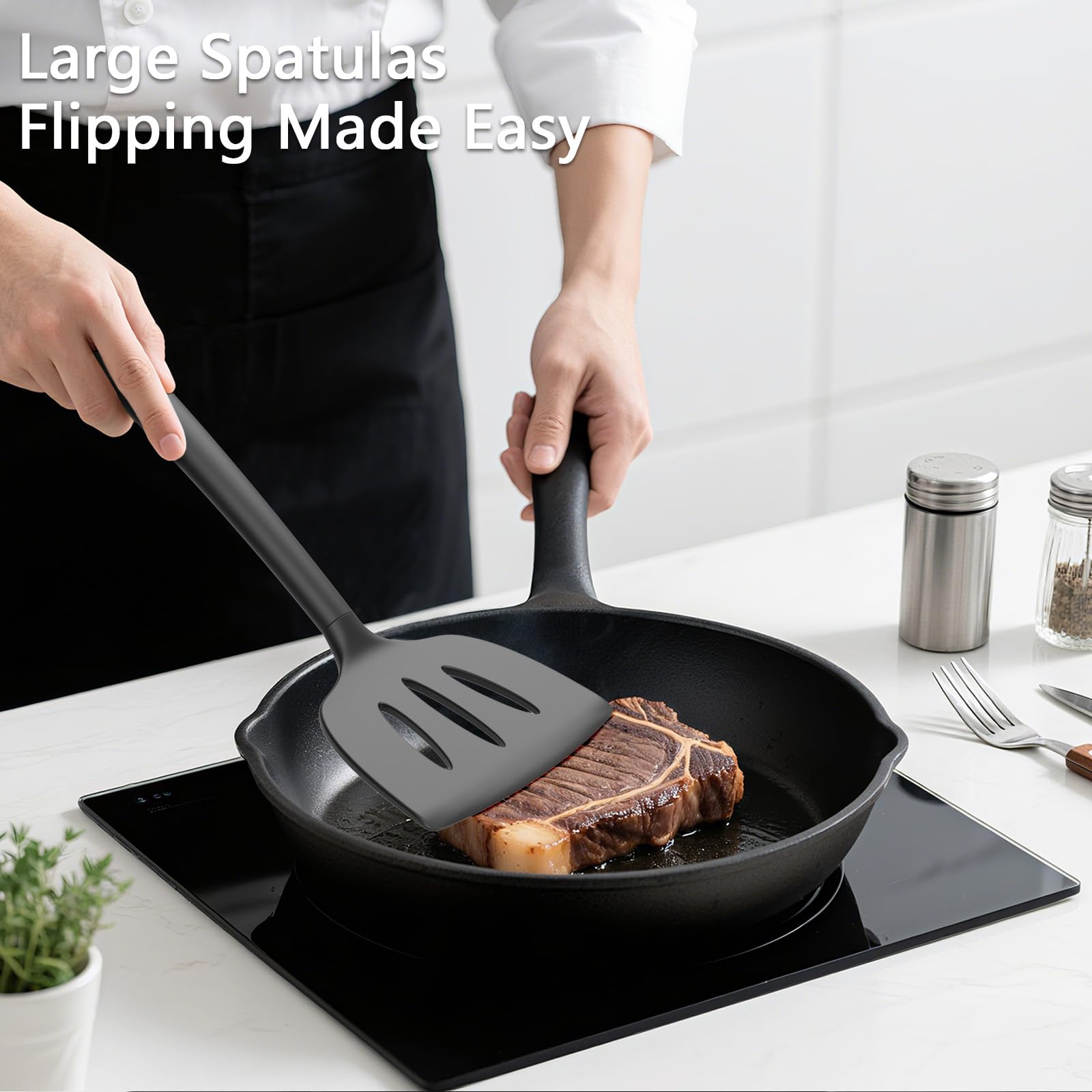 Coukre solid spatula with heat-resistant silicone handle for precise flipping.