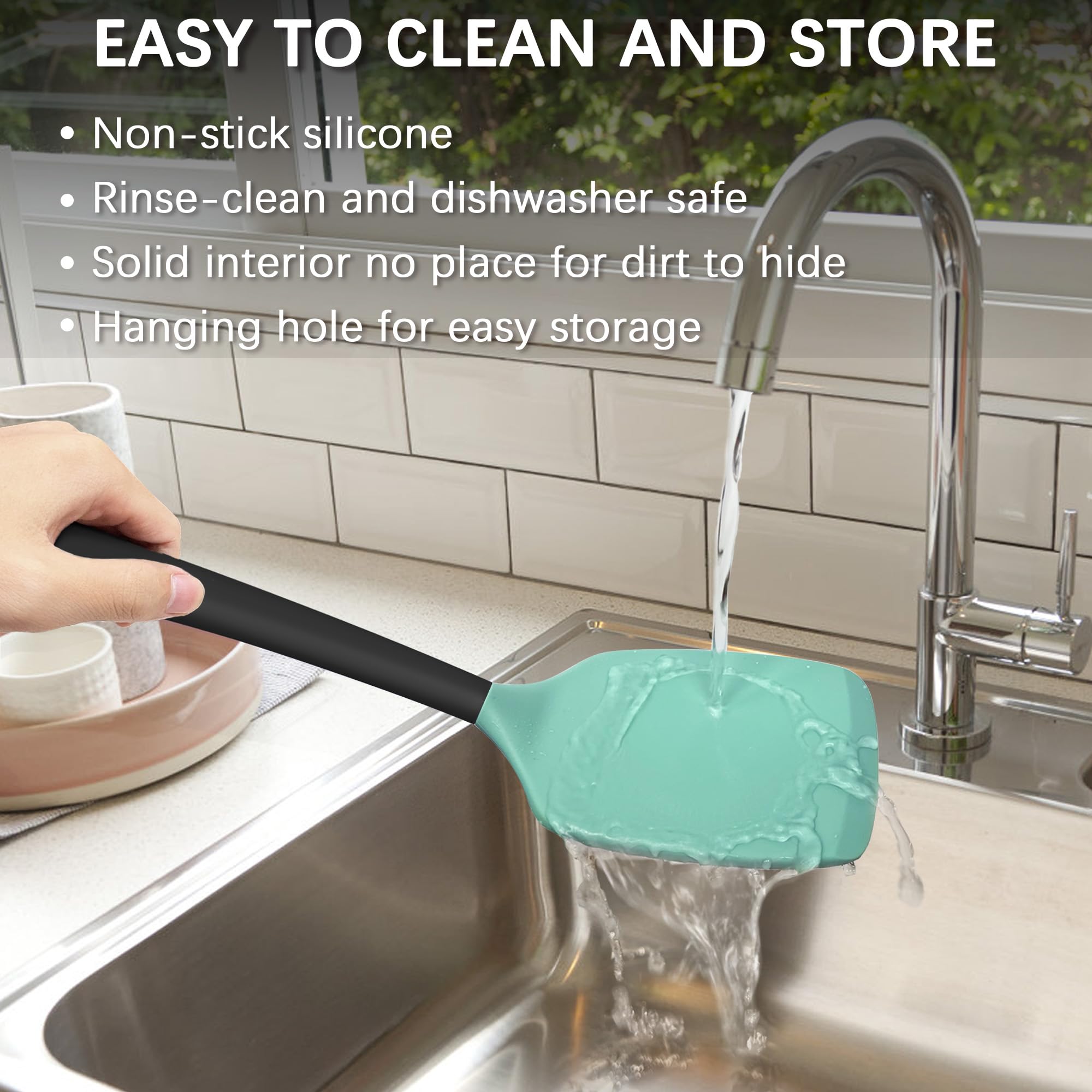 Coukre AquaGreen spatula used on a non-stick pan for gentle flipping