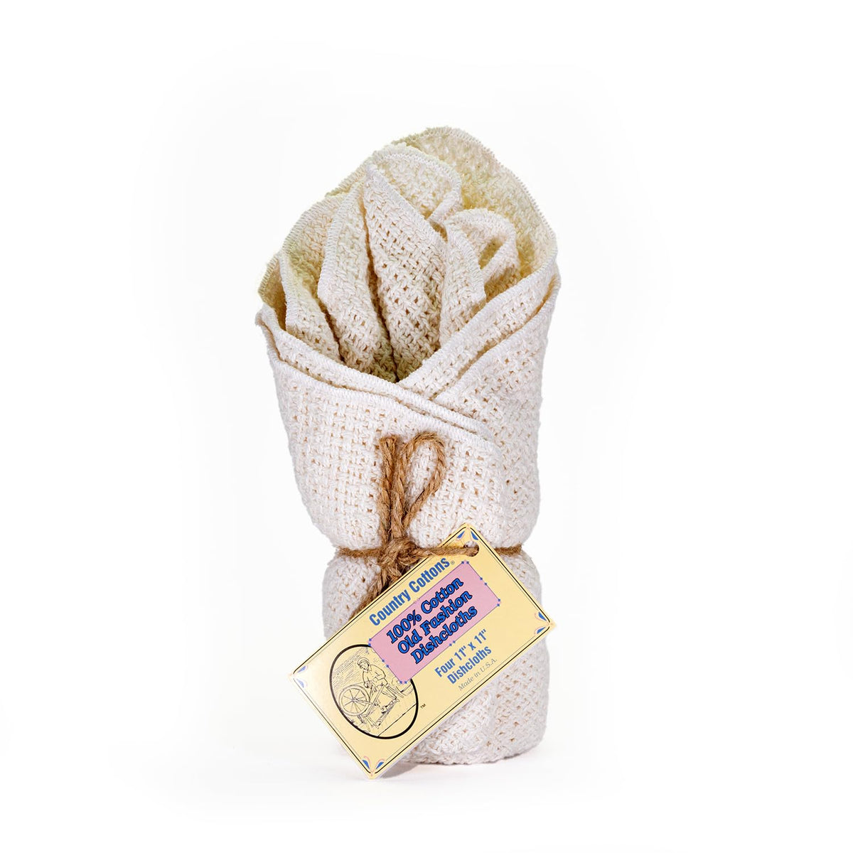 Country Cottons Old Fashion dishcloth texture closeup shows durable cotton for quick drying.
