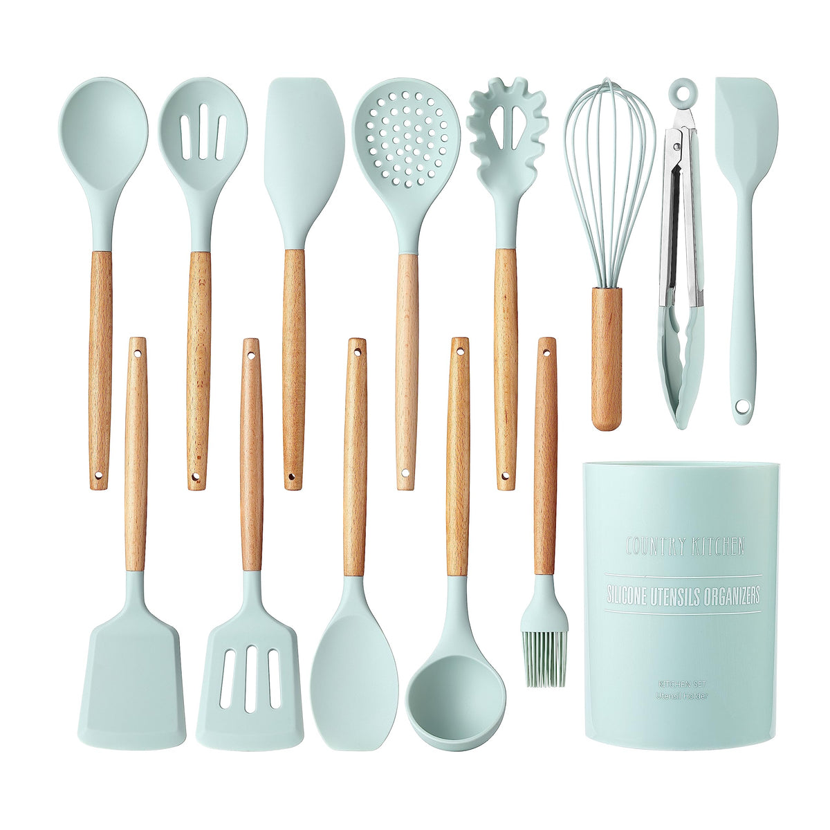 Country Kitchen 14-piece nonstick silicone set in mint, ideal for versatile cooking