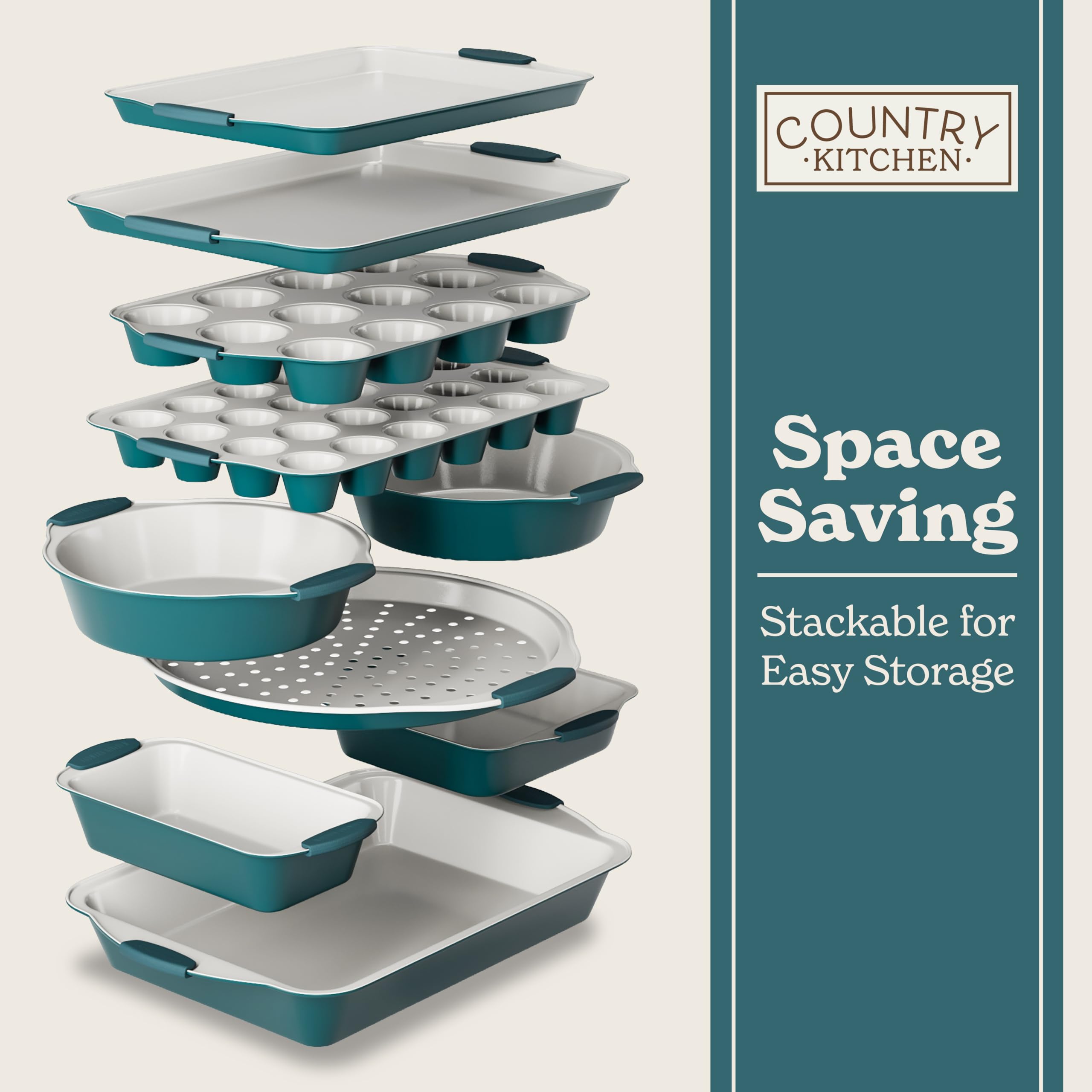 Country Kitchen easy-release bakeware in sage for quick cleanup