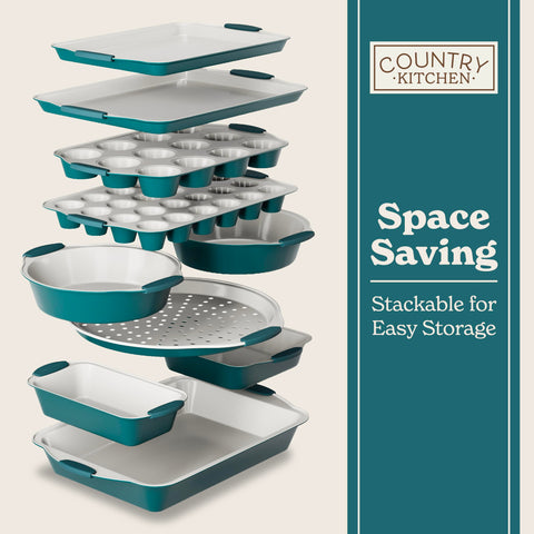 Country Kitchen easy-release bakeware in sage for quick cleanup