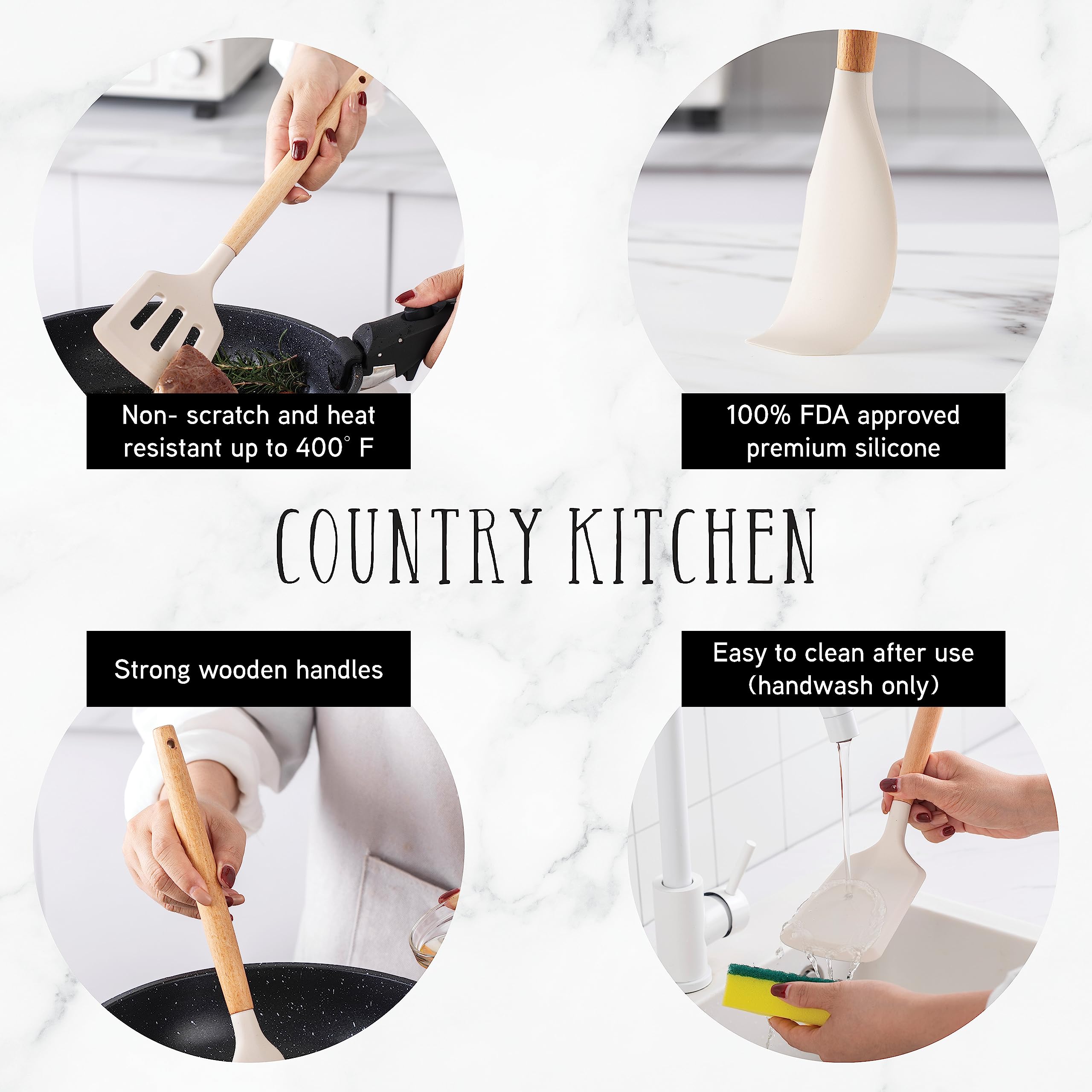 Country Kitchen utensils heat resistant up to 450°F for versatile sautéing.
