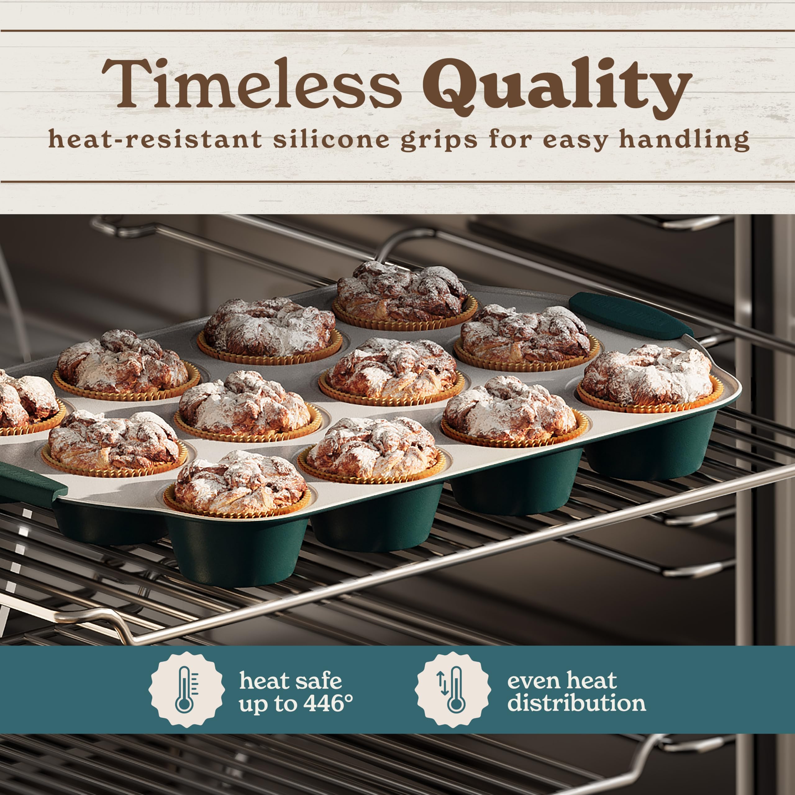 Country Kitchen nesting bakeware in sage saves cabinet space
