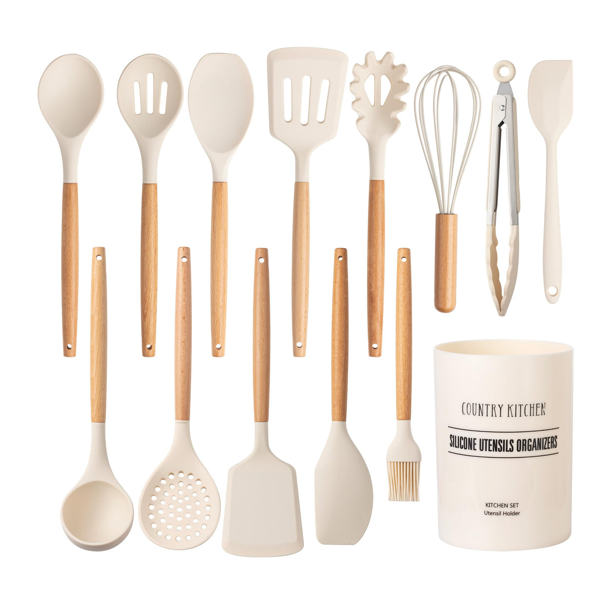 Country Kitchen 14-piece non-stick silicone utensil set with rounded wood handles for comfortable cooking.