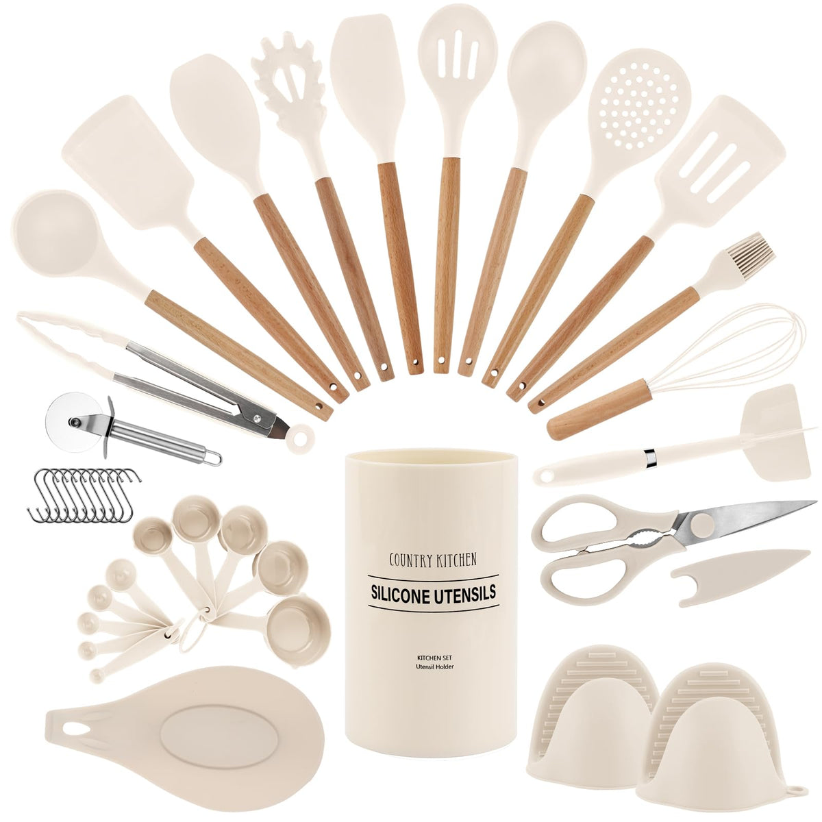 Country Kitchen non-stick utensil set with heat-safe silicone tops for easy cooking.
