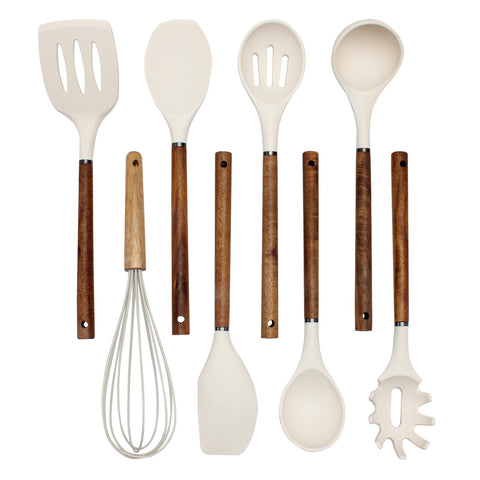 Country Kitchen ladle with rounded wood handle for smooth serving on nonstick cookware.