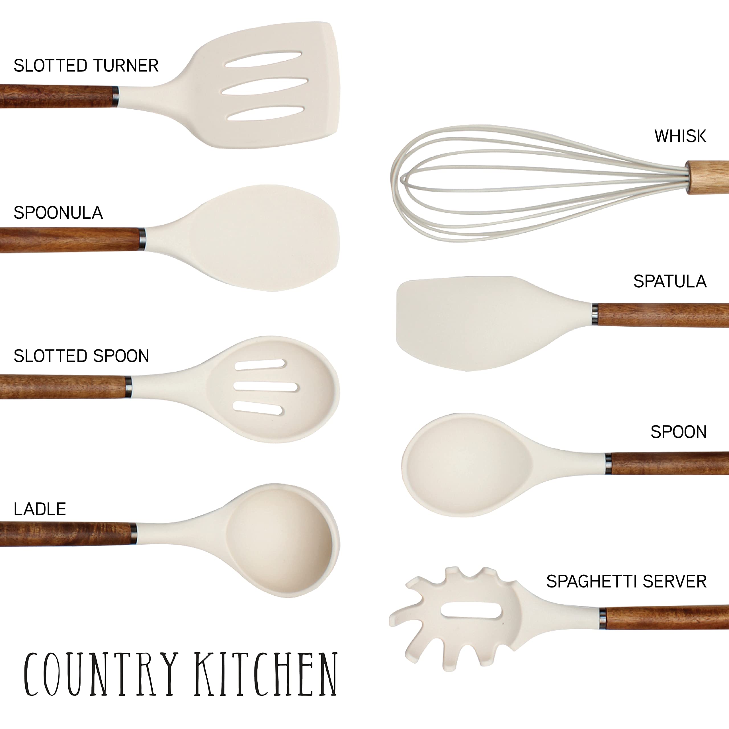 Country Kitchen serving spoon with wood handle for precise stirring and easy grip.