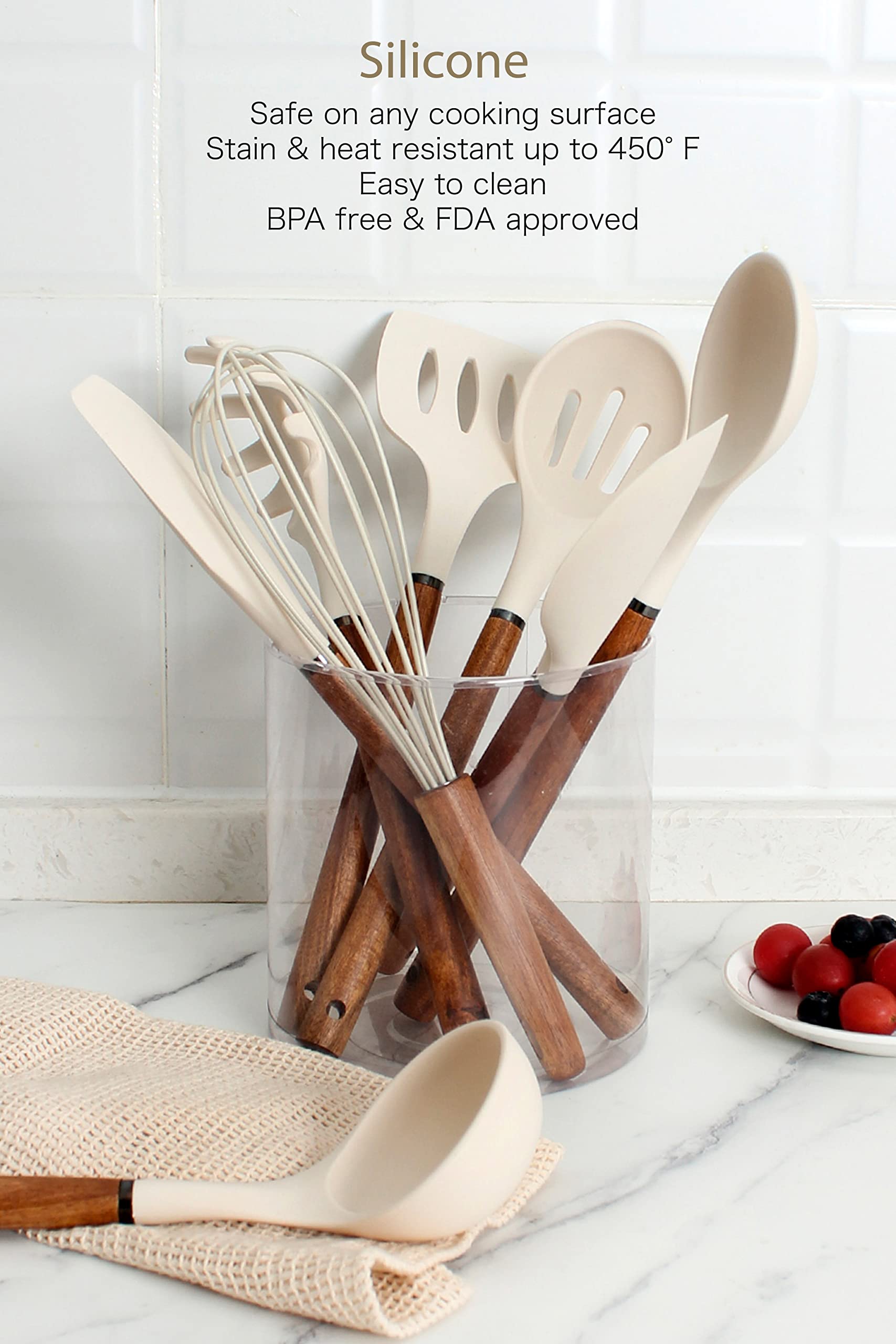Country Kitchen slotted basting spoon with wood handle for mess-free basting.