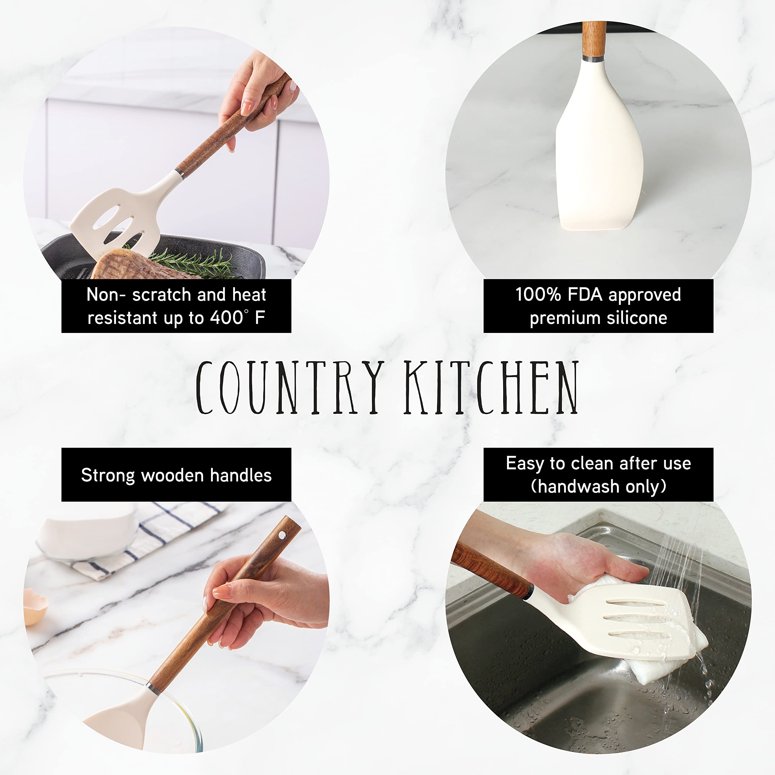 Country Kitchen slotted turner with rounded wood handle for gentle flipping.