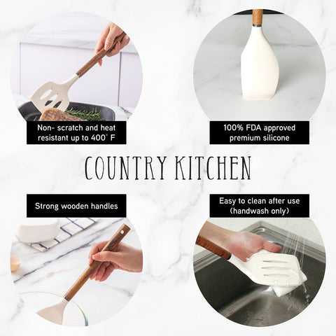 Country Kitchen slotted turner with rounded wood handle for gentle flipping.