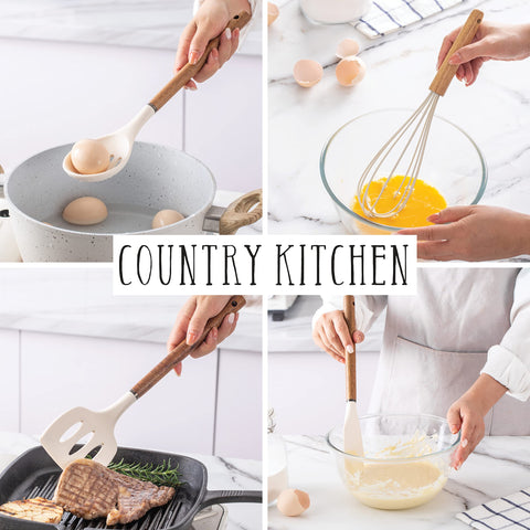 Country Kitchen spoonula with wood handle for versatile mixing and scraping.