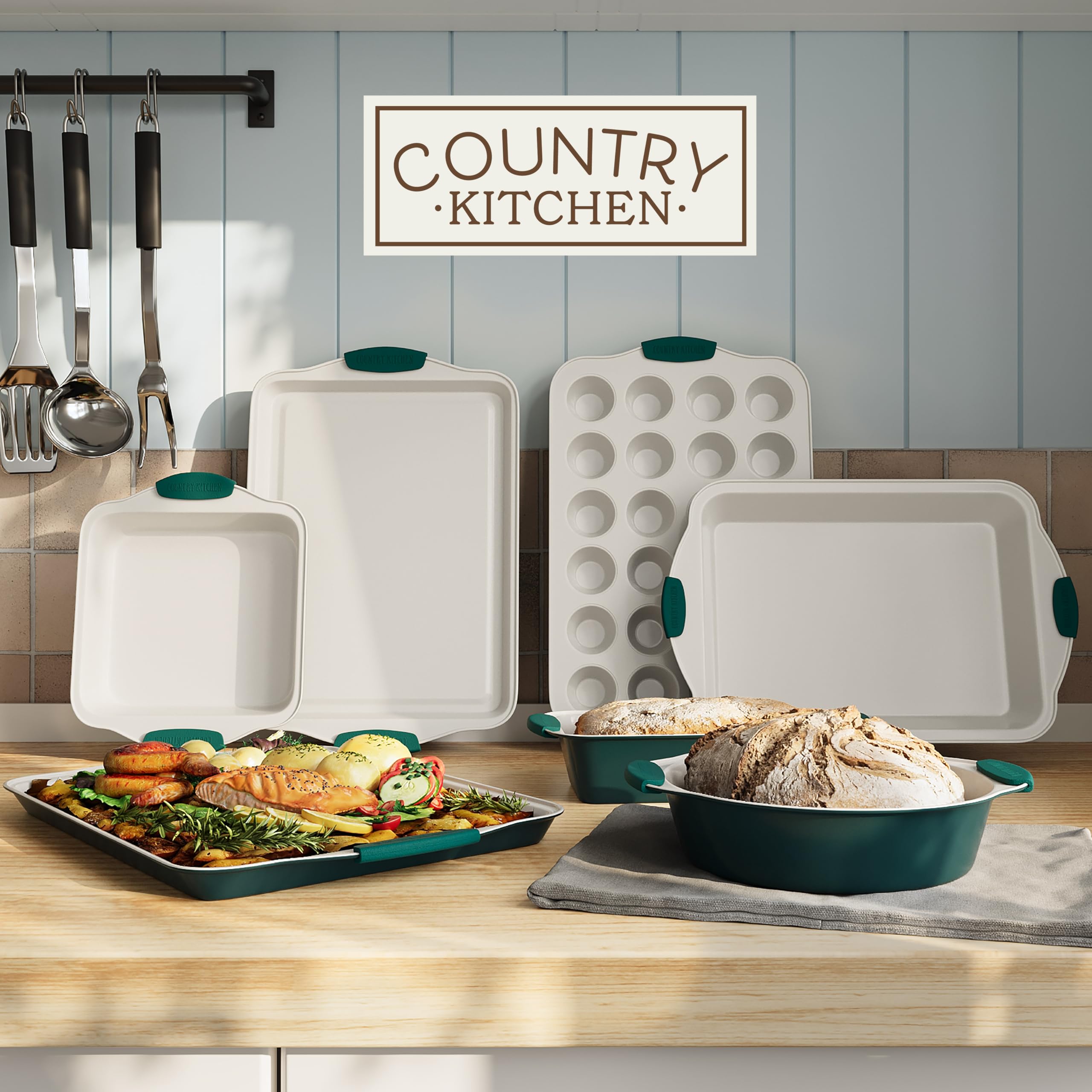 Country Kitchen large baking pan in sage for even browning and release