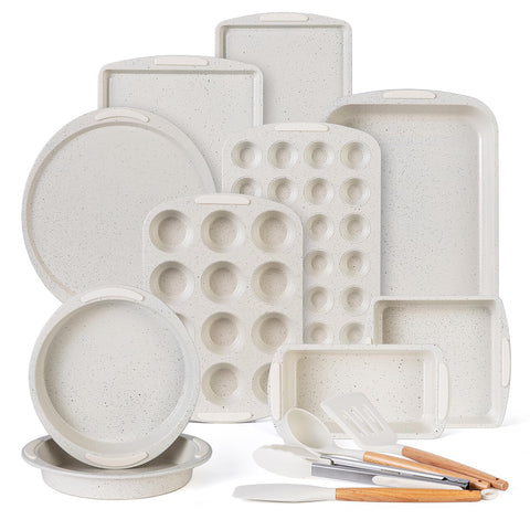 Country Kitchen nonstick stackable bakeware set in cream, space-saving design for organized kitchen.