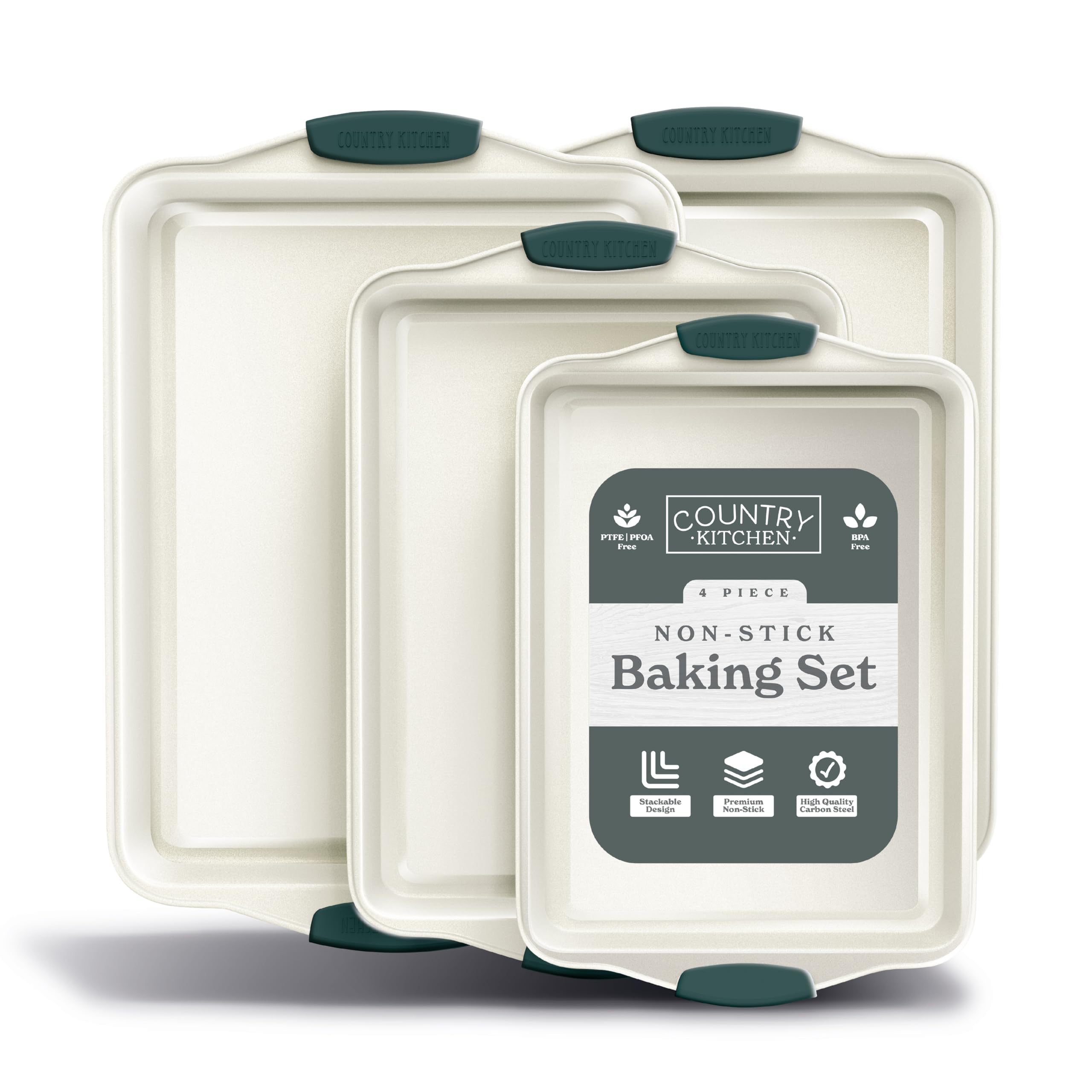 Country Kitchen stackable bakeware in sage showing all four pieces for space-saving storage.