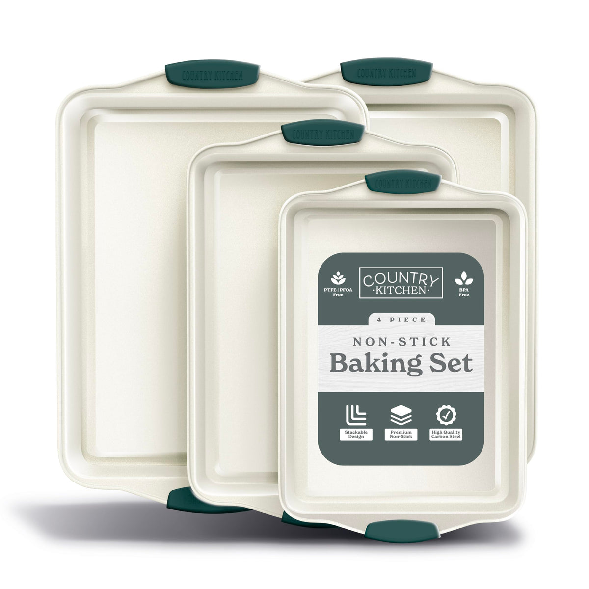Country Kitchen stackable bakeware in sage showing all four pieces for space-saving storage.