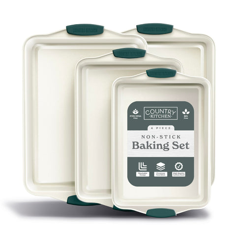 Country Kitchen stackable bakeware in sage showing all four pieces for space-saving storage.