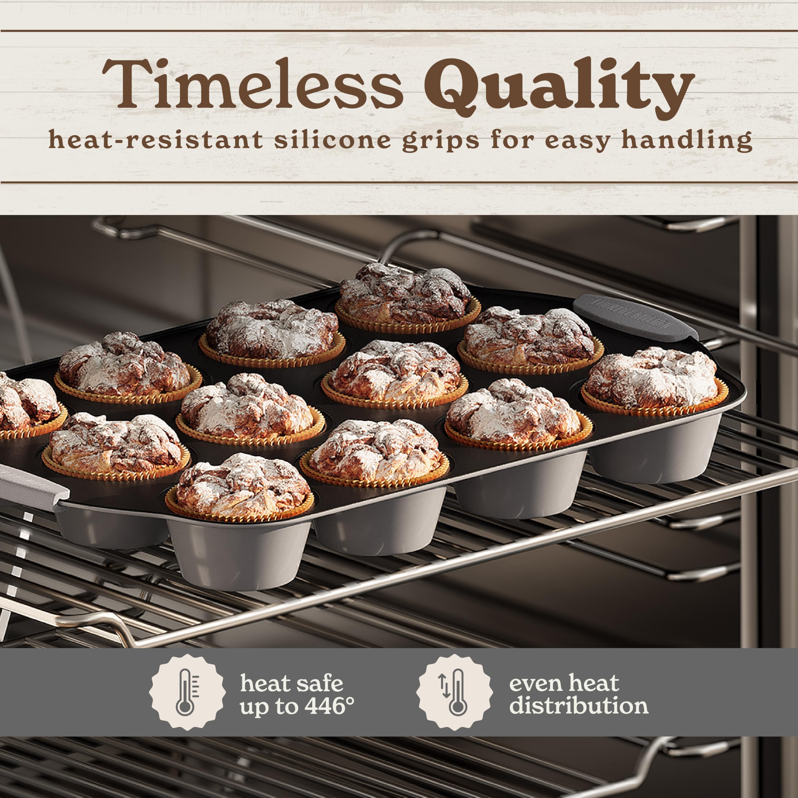 Country Kitchen nonstick set, easy-release surface supports quick cleanup after baking.