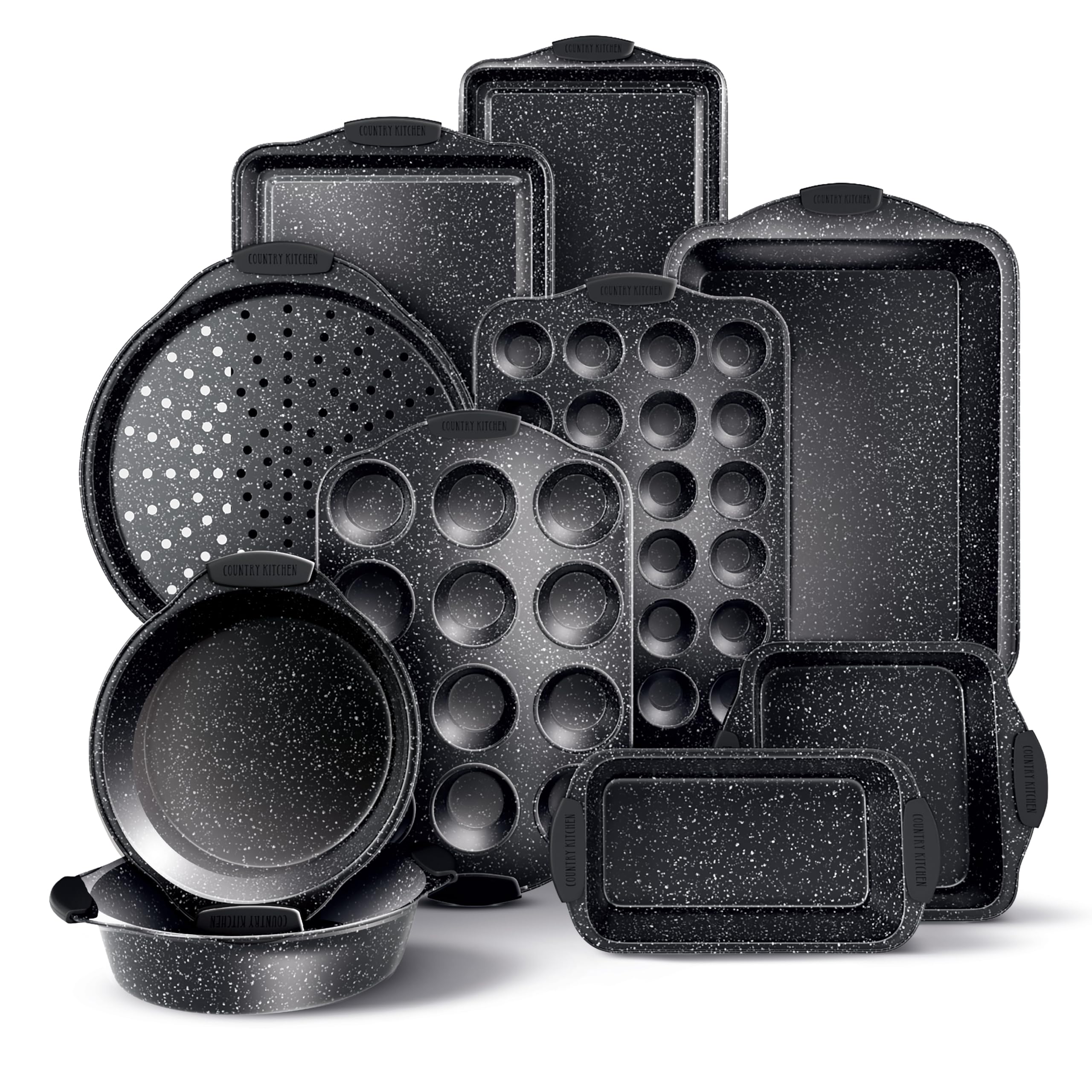 Country Kitchen nonstick stackable bakeware full kit showcasing space-saving storage and versatility