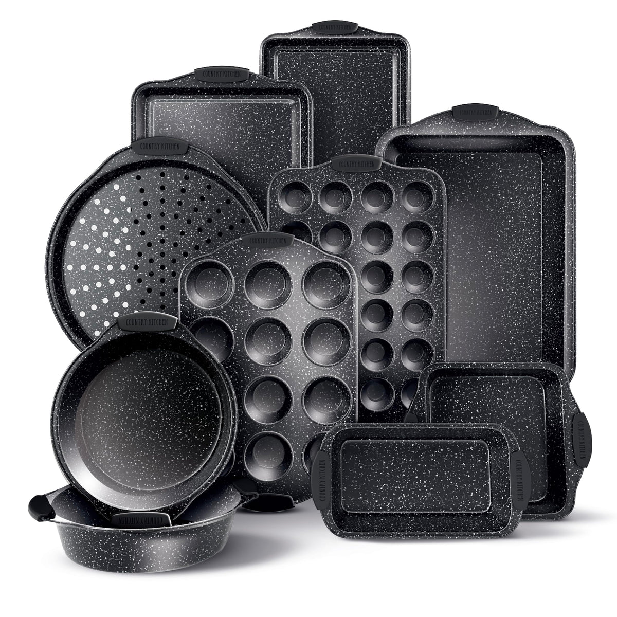Country Kitchen nonstick stackable bakeware full kit showcasing space-saving storage and versatility