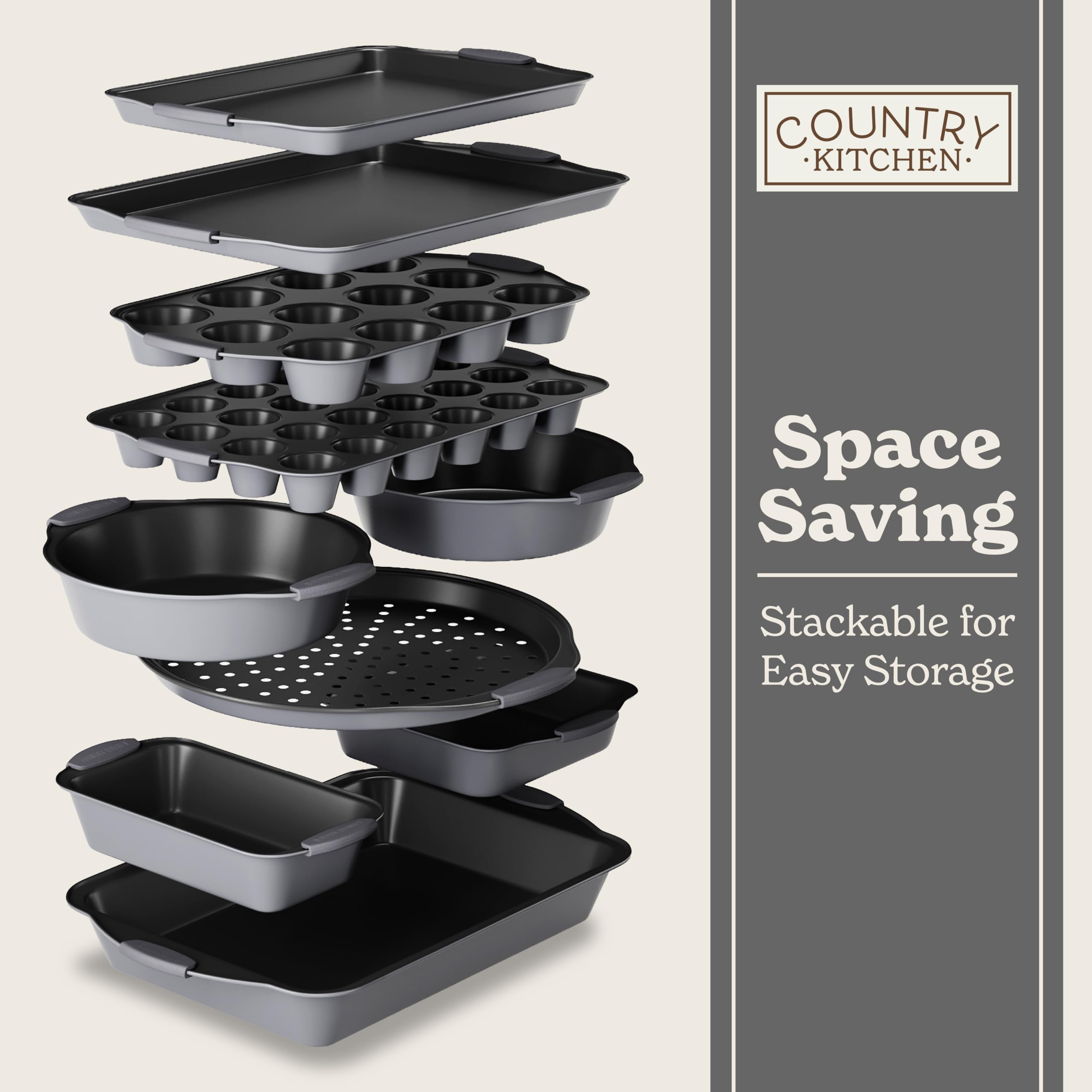 Country Kitchen bakeware in use, stackable design and safe silicone handles.