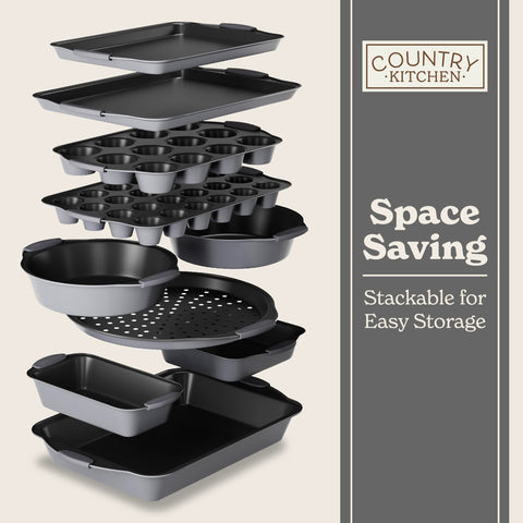 Country Kitchen bakeware in use, stackable design and safe silicone handles.