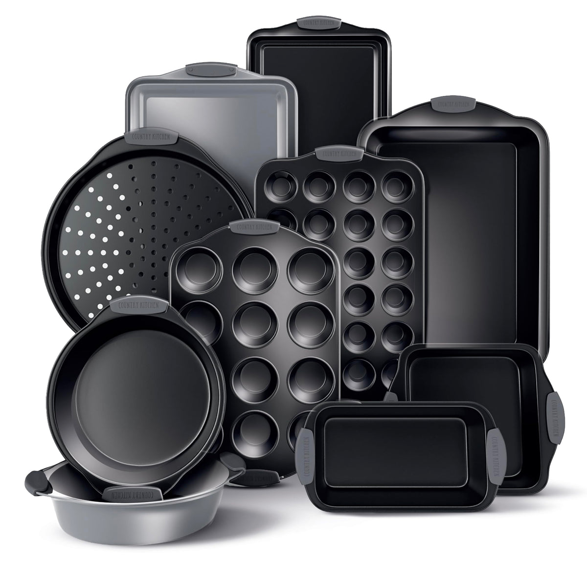 Country Kitchen nonstick stackable bakeware set top view highlighting space-saving outer design.