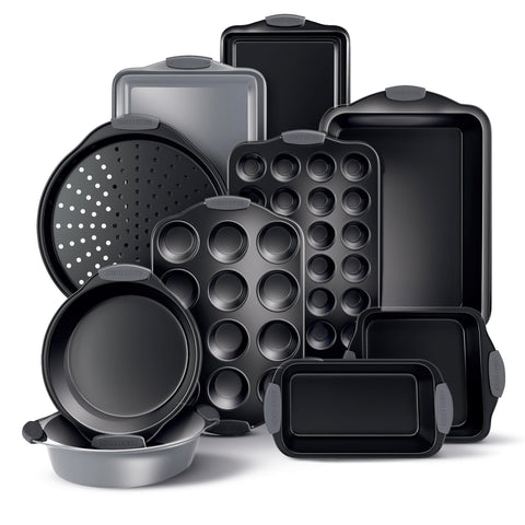 Country Kitchen nonstick stackable bakeware set top view highlighting space-saving outer design.