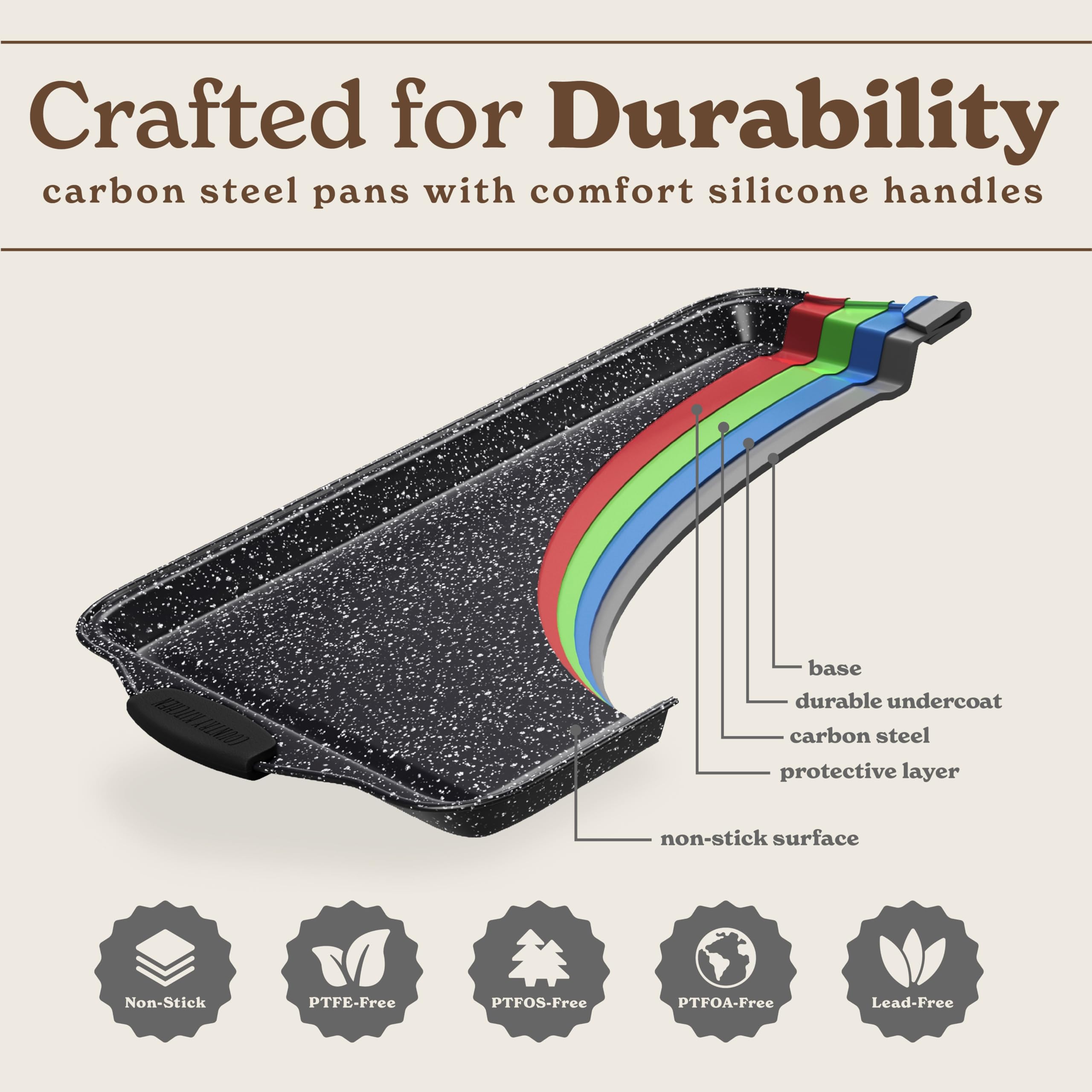 Country Kitchen nonstick stackable bakeware silicone handles for safe oven transfers