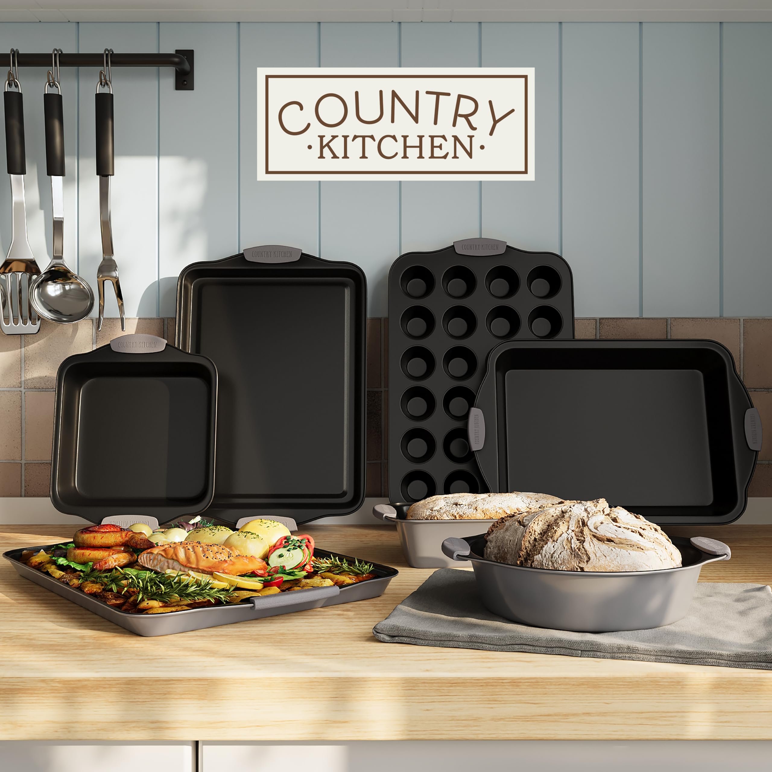 Country Kitchen bakeware with silicone handles, secure grip for safe oven transfers.