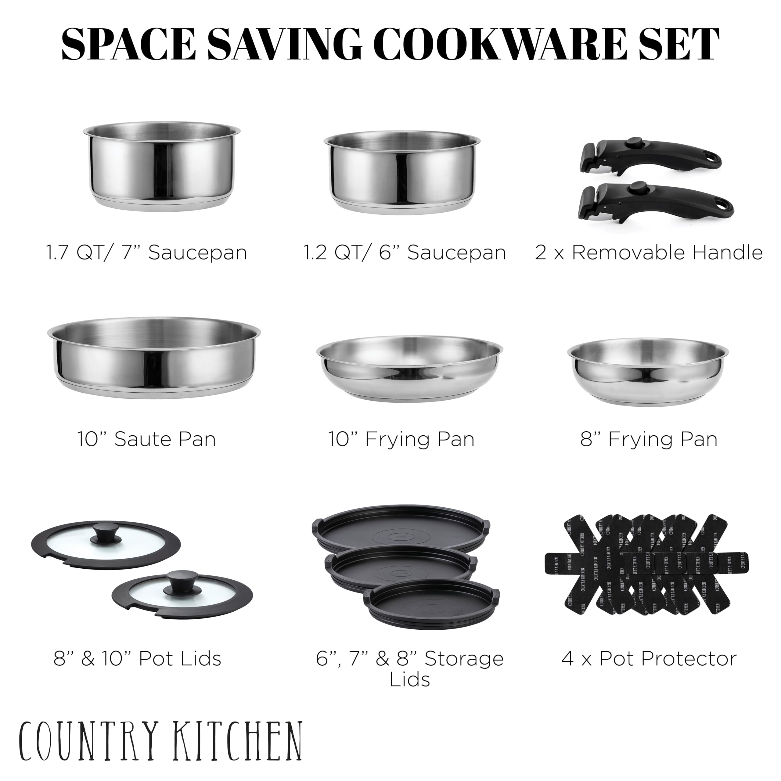 Country Kitchen oven-safe pots and pans ready for seamless oven finish and table service