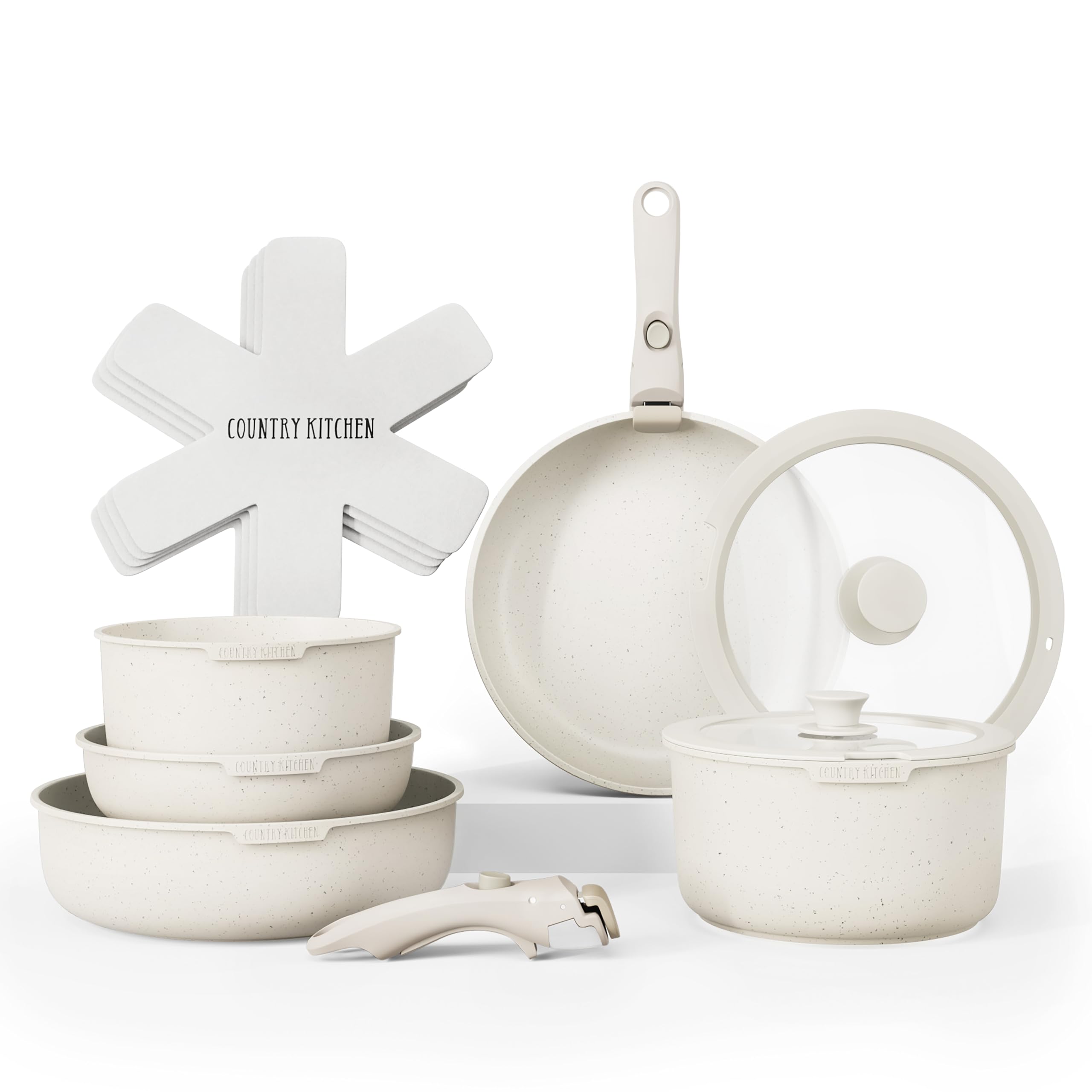 Country Kitchen removable-handle cookware set stacked to save cabinet space.