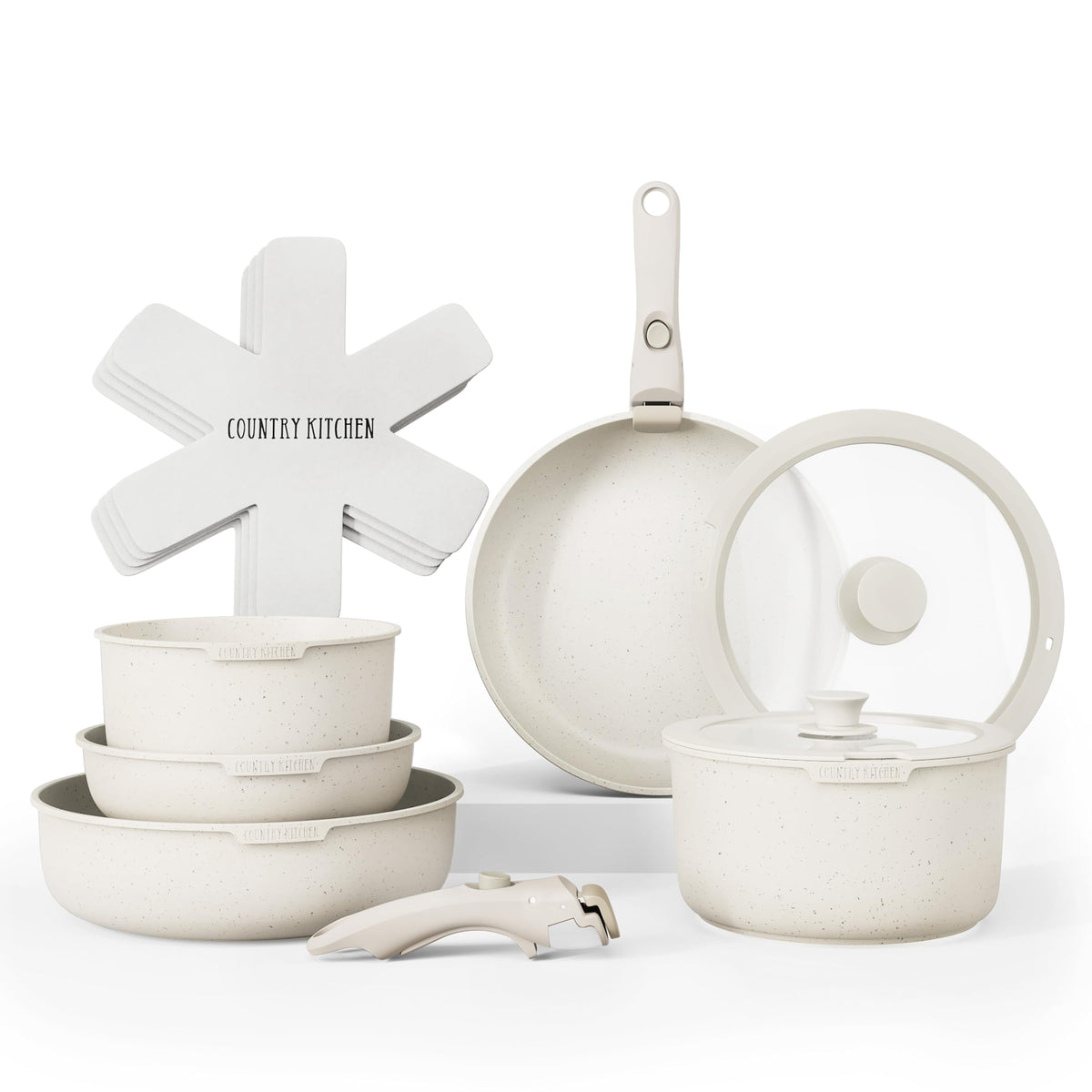 Country Kitchen removable-handle cookware set stacked to save cabinet space.