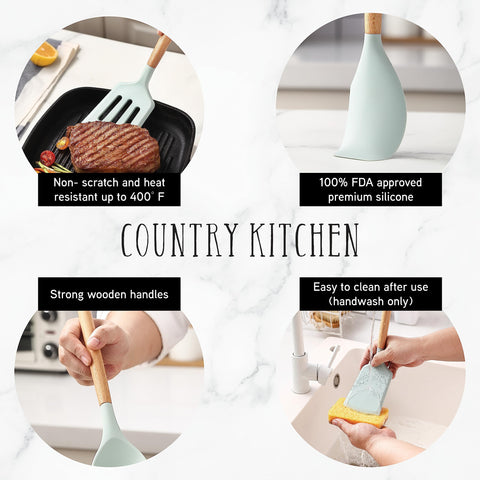 Country Kitchen rounded wood handles close-up for comfortable grip