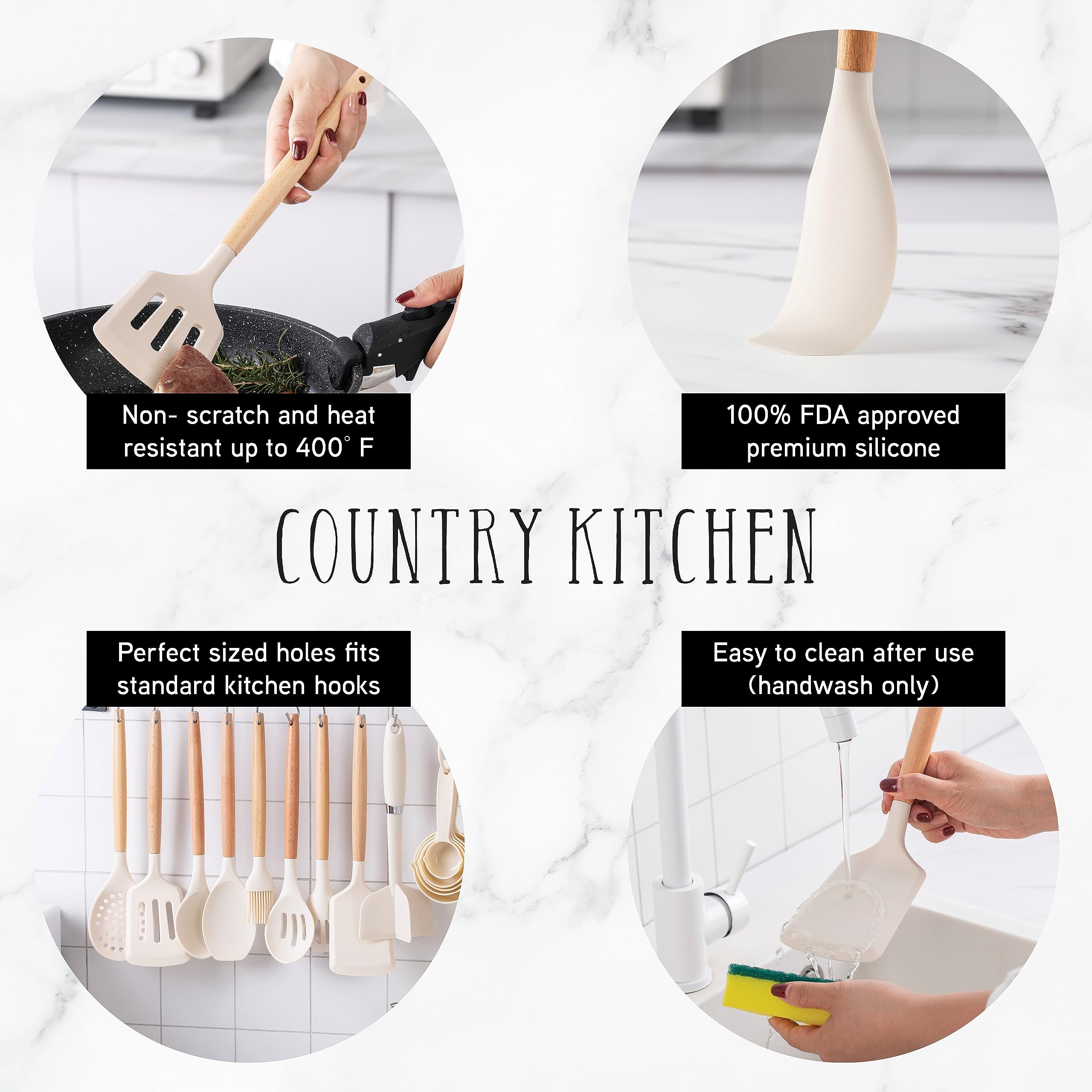 Country Kitchen rounded wood handles provide comfortable grip for stirring and flipping.