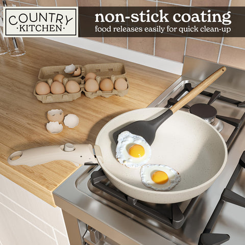 Country Kitchen cream cookware ideal for on-road meals with family.