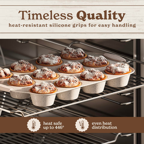 Country Kitchen bakeware with silicone handles in cream for secure, comfortable grip.