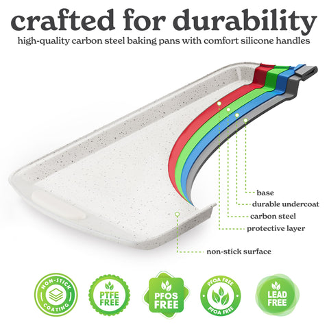 Country Kitchen silicone handles on bakeware provide secure grip during transfers.