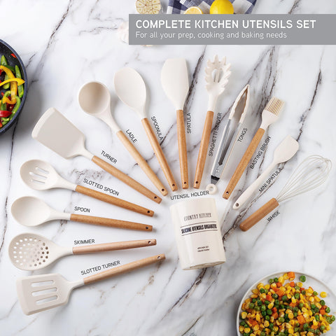 Country Kitchen silicone utensils in nonstick-friendly design protect pans during cooking.