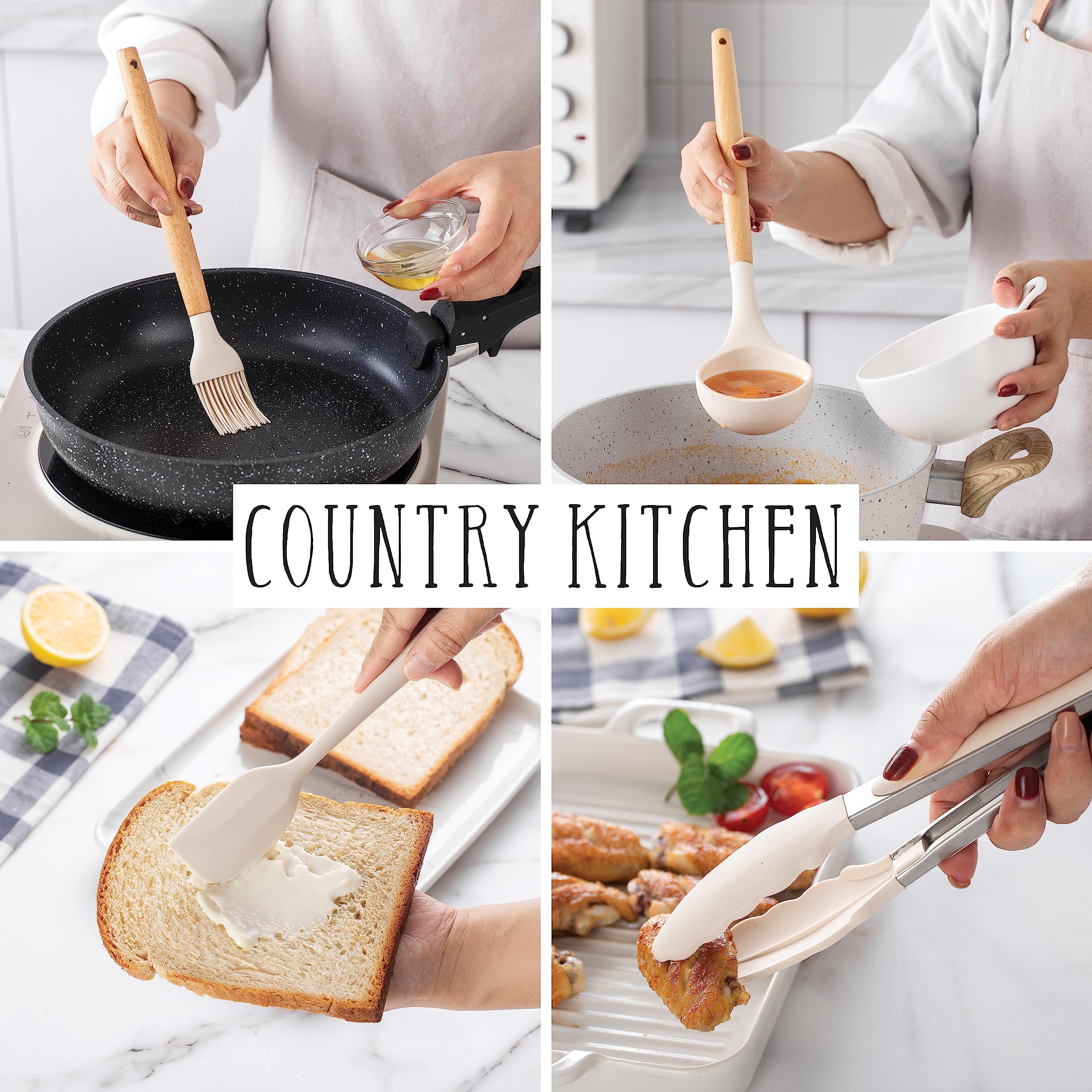 Country Kitchen dishwasher-safe silicone tips simplify cleaning after cooking.