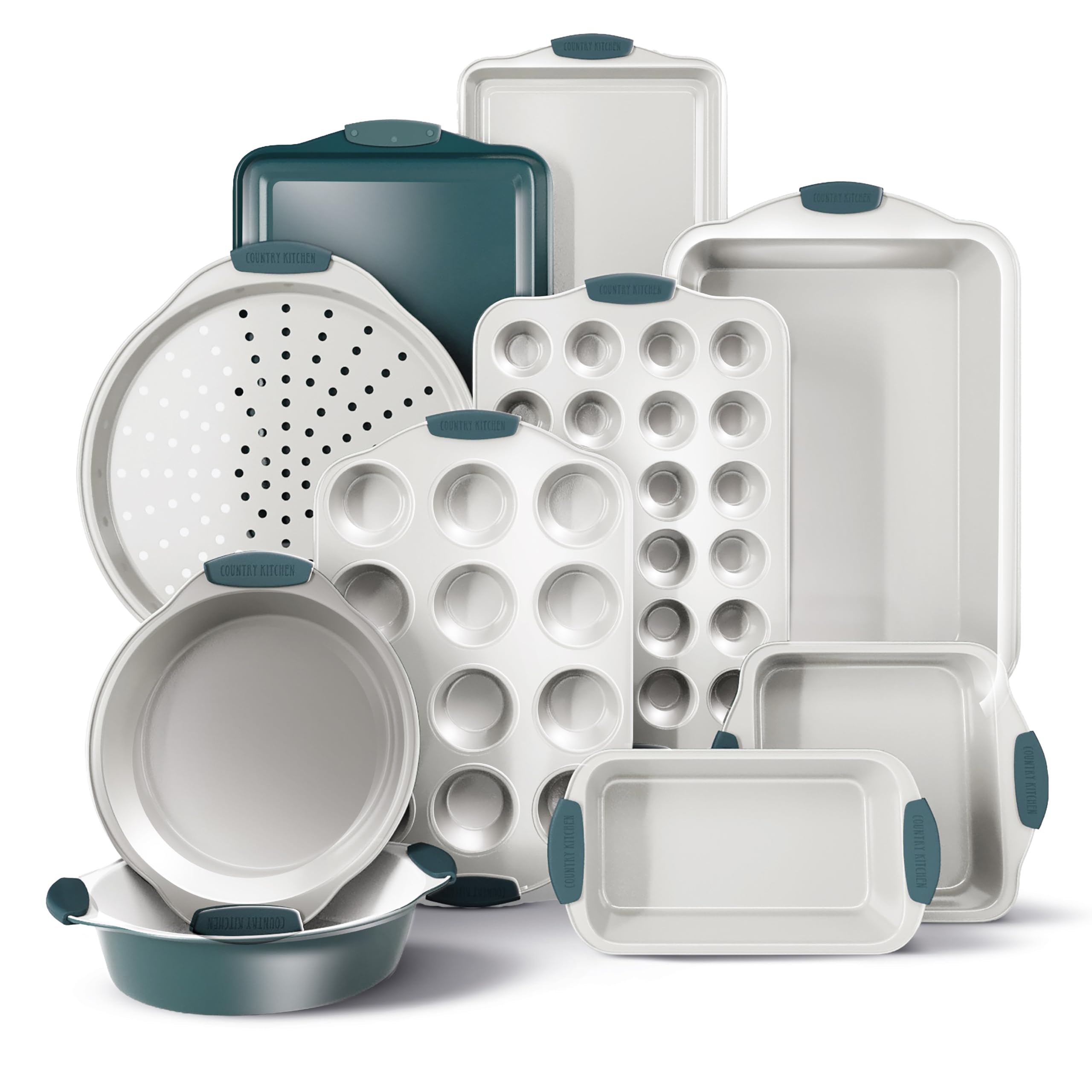 Country Kitchen stackable bakeware in sage for compact storage and easy access