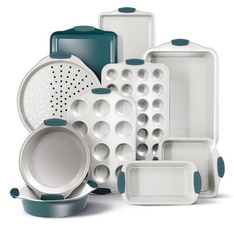 Country Kitchen stackable bakeware in sage for compact storage and easy access