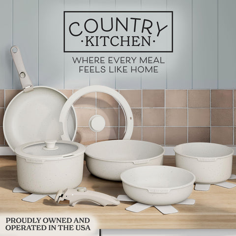 Country Kitchen stackable pots and pans ready for compact oven-to-table use.