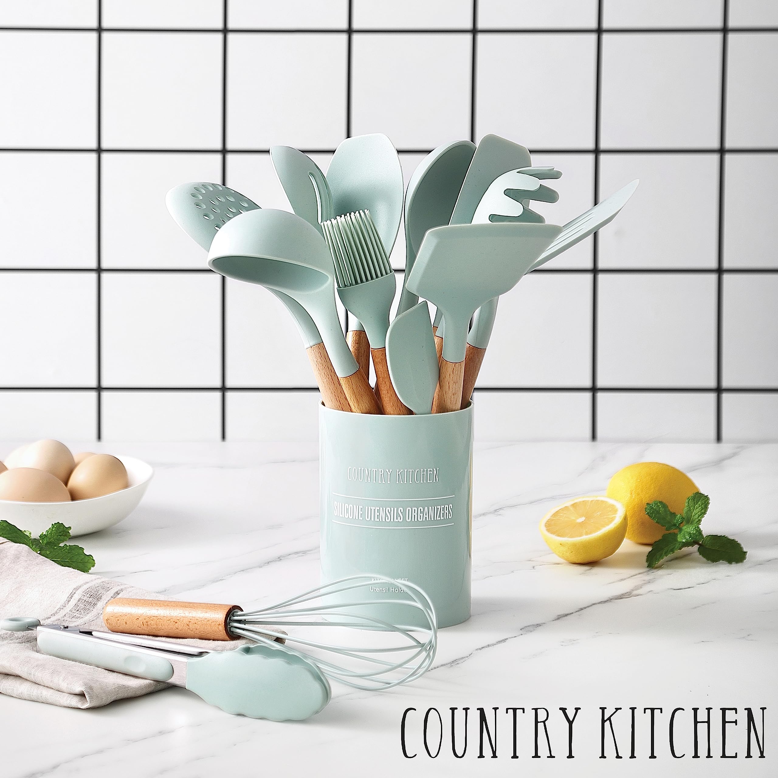 Country Kitchen utensil holder with full set for tidy countertops