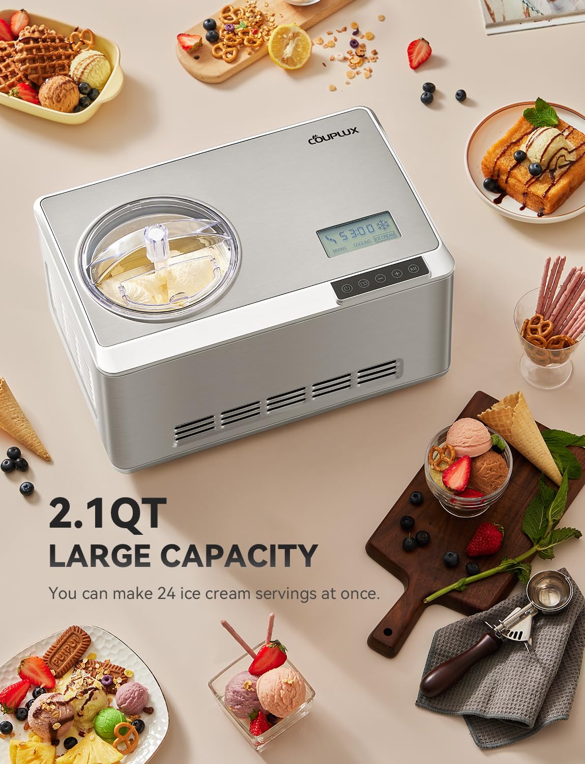 COUPLUX Ice Cream Maker LCD display highlights one-touch operation and progress tracking.