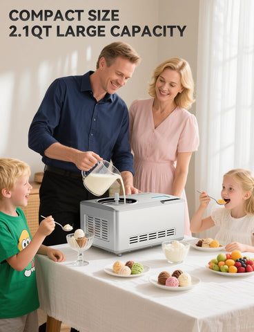 COUPLUX Ice Cream Maker side profile highlights compact footprint for small kitchen.