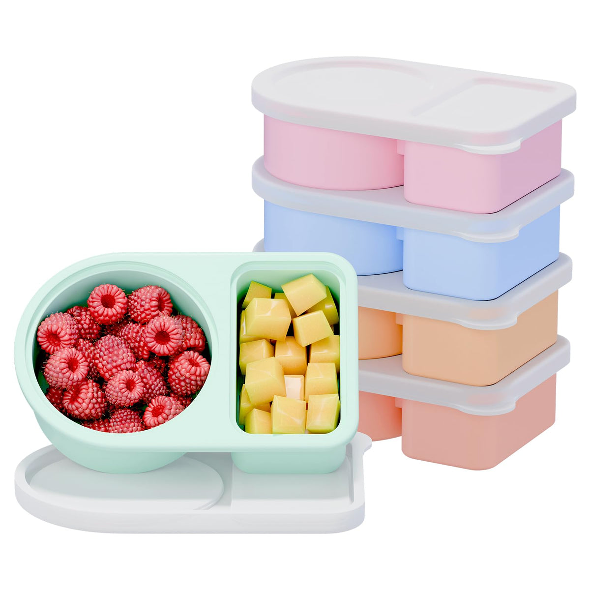 coutnier 5-pack silicone snack containers with two compartments keep snacks organized for lunch and travel.