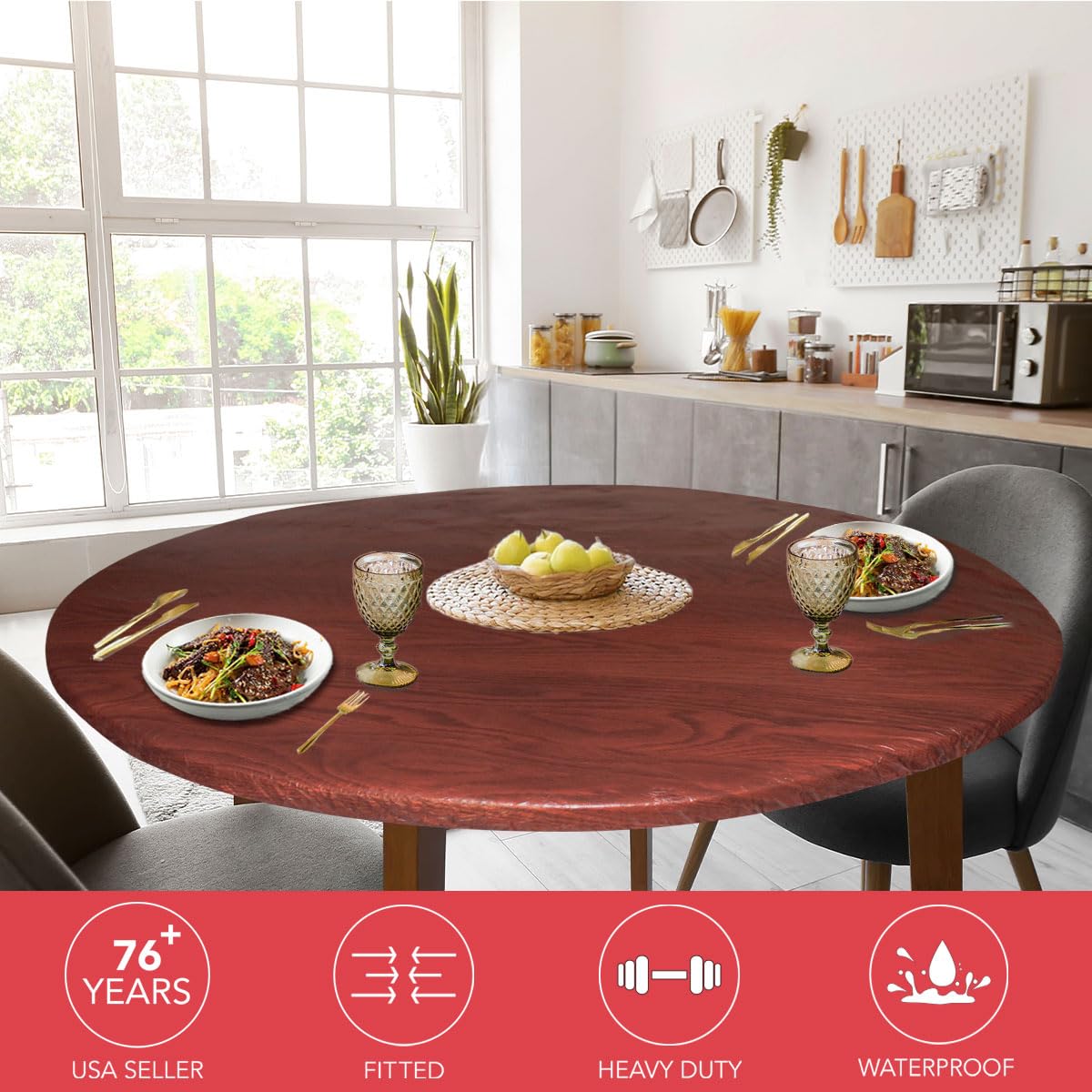 Covers For The Home round-fit table cover in mahogany woodgrain for secure dining protection